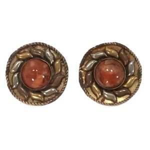 Earrings  - Tri-Color Gold Clip w/Orange Marble